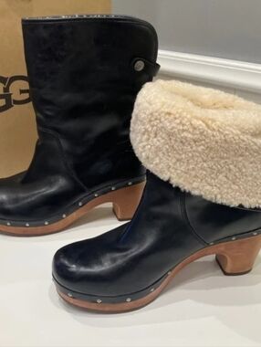 UGG Black Leather Clog Boots with Cream Shearling Cuff